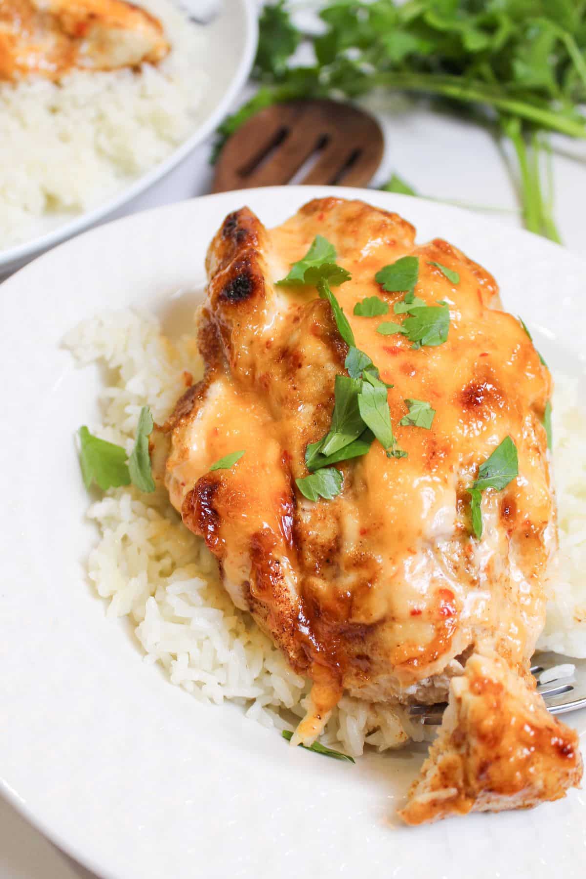 air fryer bang bang chicken on top of a bed of white rice on a plate.