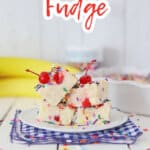 four pieces of banana split fudge on a plate.