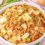 bowl full of cabbage roll soup on a counter.