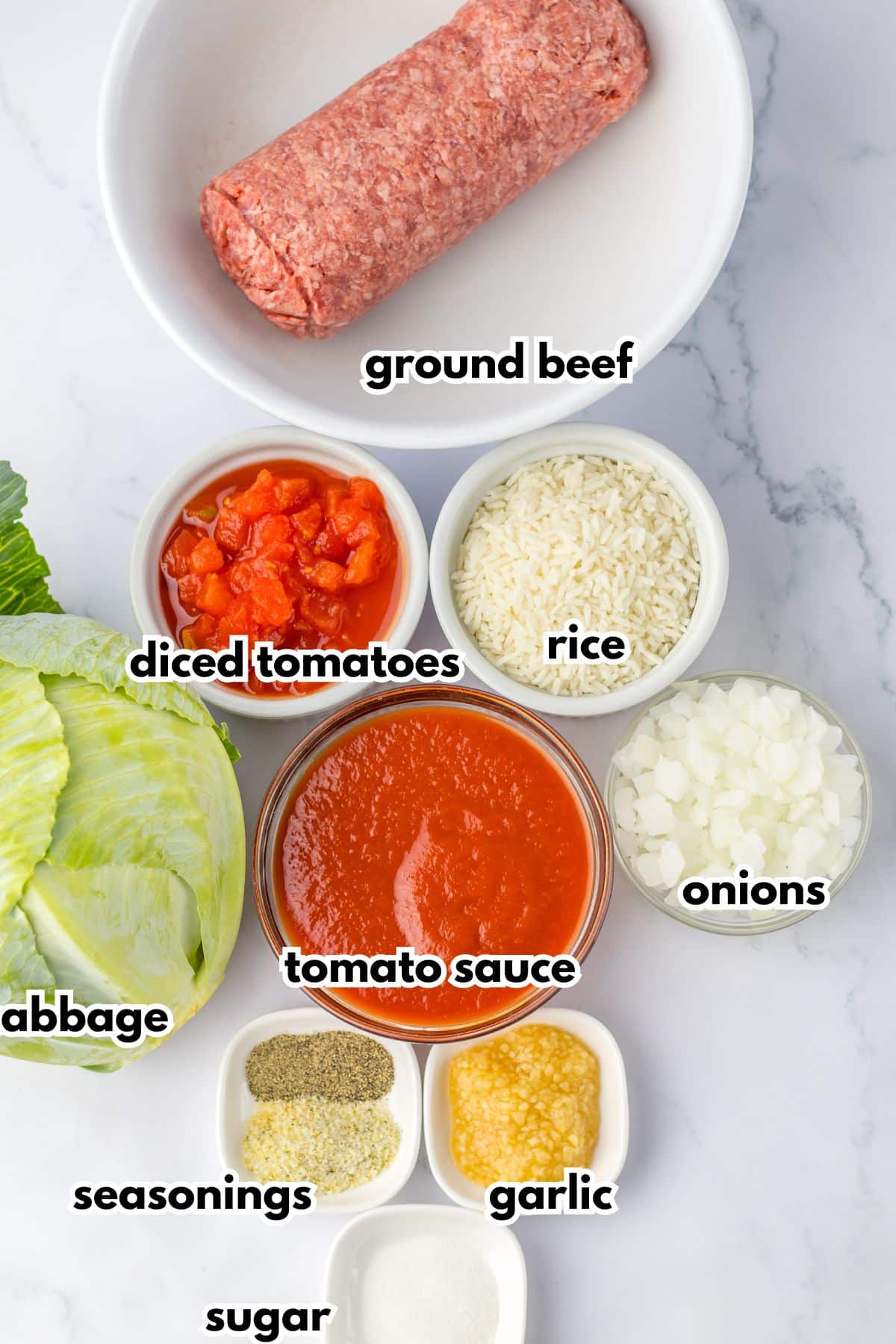 bowls of ground beef, diced tomatoes, rice, tomato sauce, onions, seasonings, garlic, sugar, and cabbage.