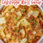 bowl full of cabbage roll soup on a counter.