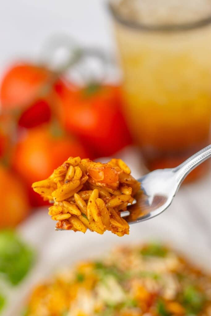 bite of cheesy tomato chorizo orzo on a fork held in the air.