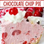 slice of chocolate cherry pie topped with whipped cream and a cherry on a plate.