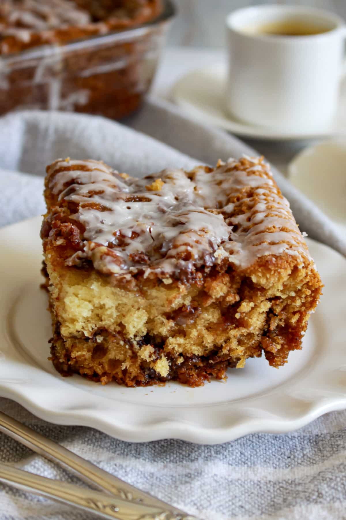 slice of chocolate orange coffee cake on a plate.
