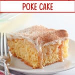 slice of cinnamon roll poke cake on a small plate.