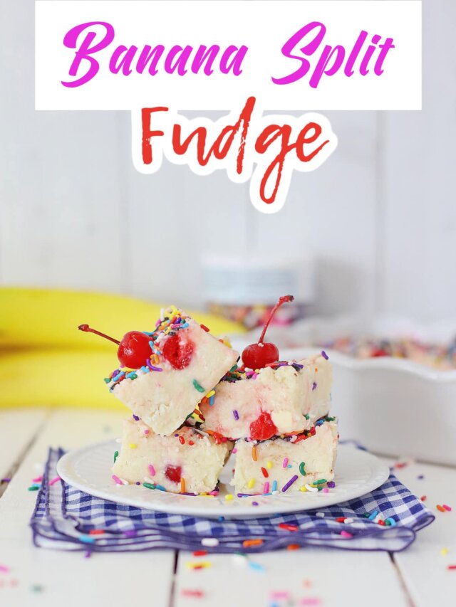 four pieces of banana split fudge on a plate.