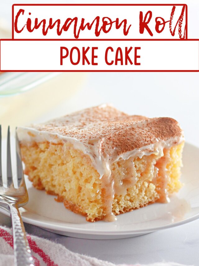 slice of cinnamon roll poke cake on a small plate.