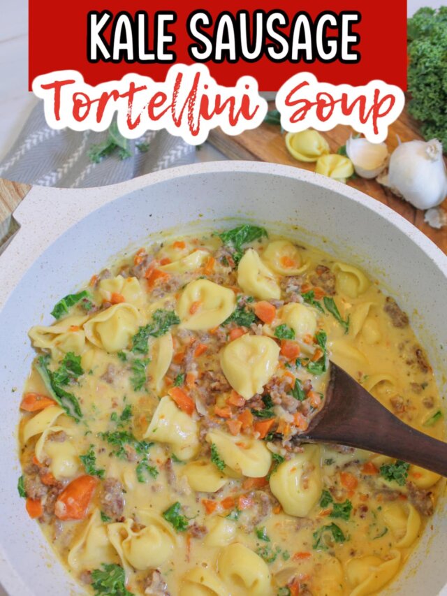 pot full of kale sausage tortellini soup garnished with kale.
