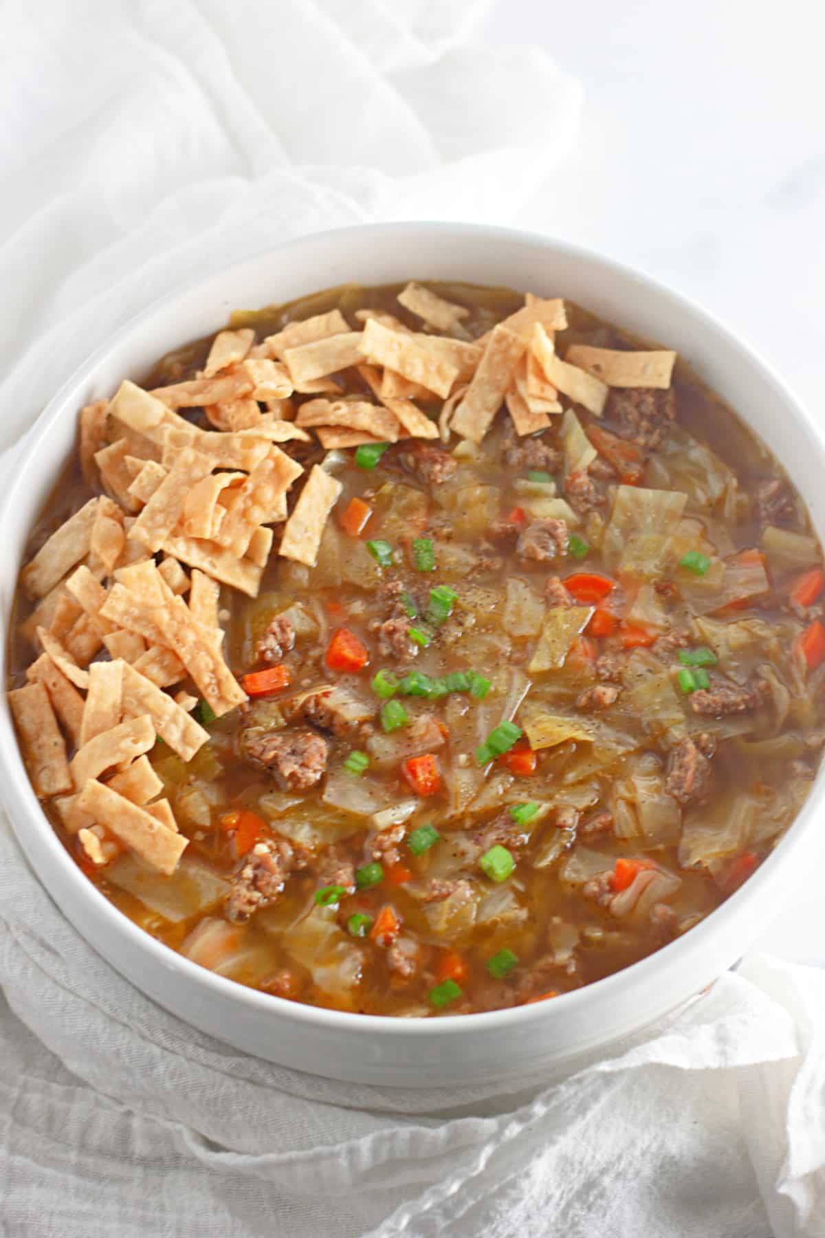 large bowl filled with wonton soup and garnished with tortilla strips.
