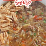 large bowl filled with wonton soup and garnished with tortilla strips.