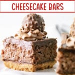 ferrero rocher cheesecake bars on a cake plate.