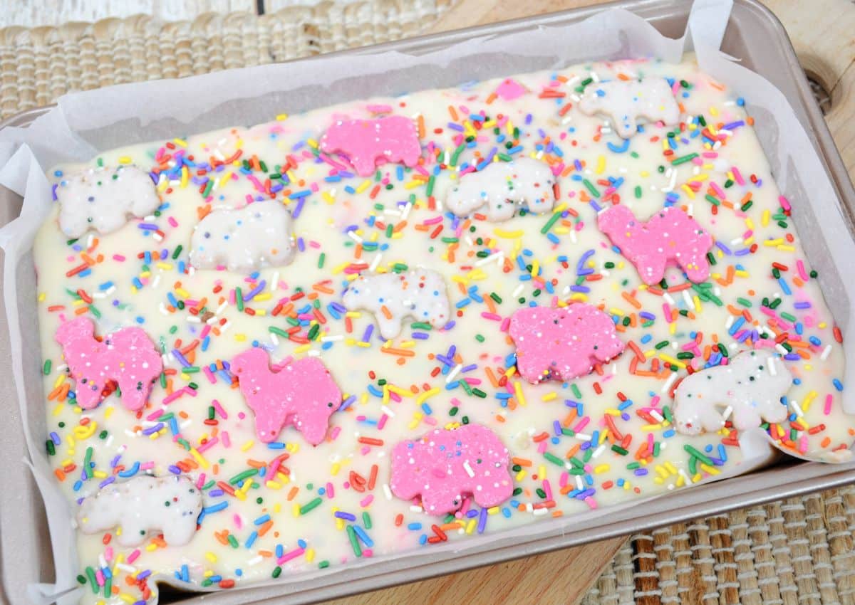 fudge in a parchment lined baking pan ready to be cut.