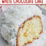 slice of coconut white chocolate cake on a plate.