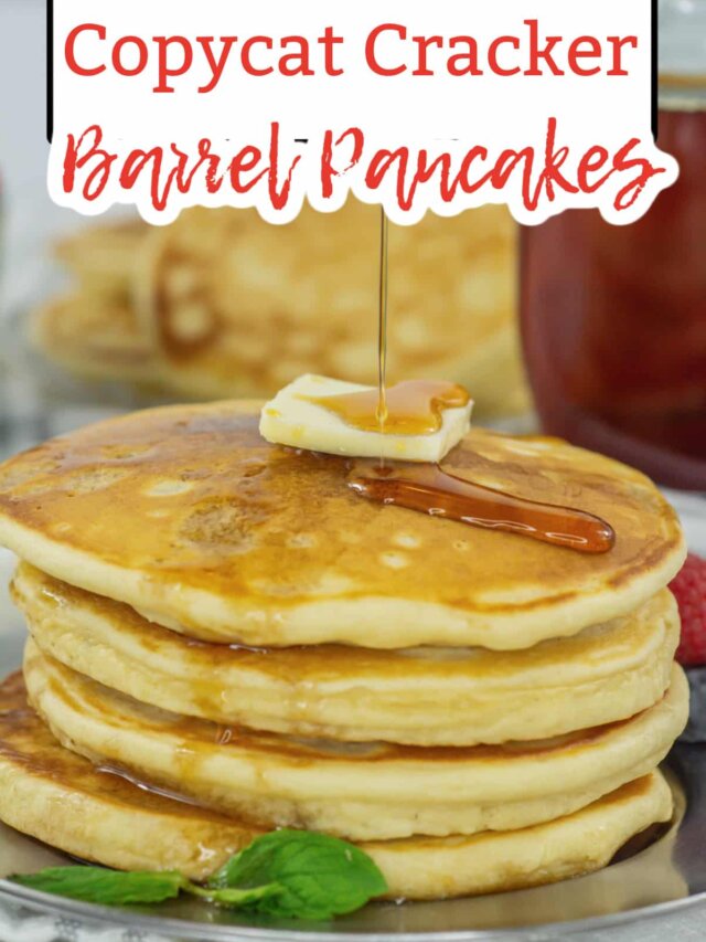four pancakes on a plate topped with a pat of butter, and syrup.