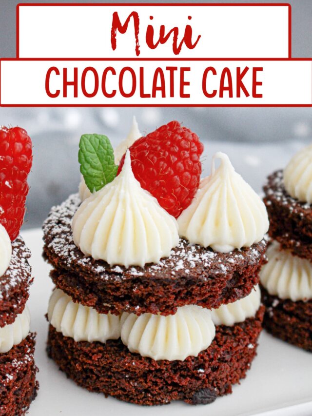 mini chocolate cake on a plate topped with a fresh raspberry.
