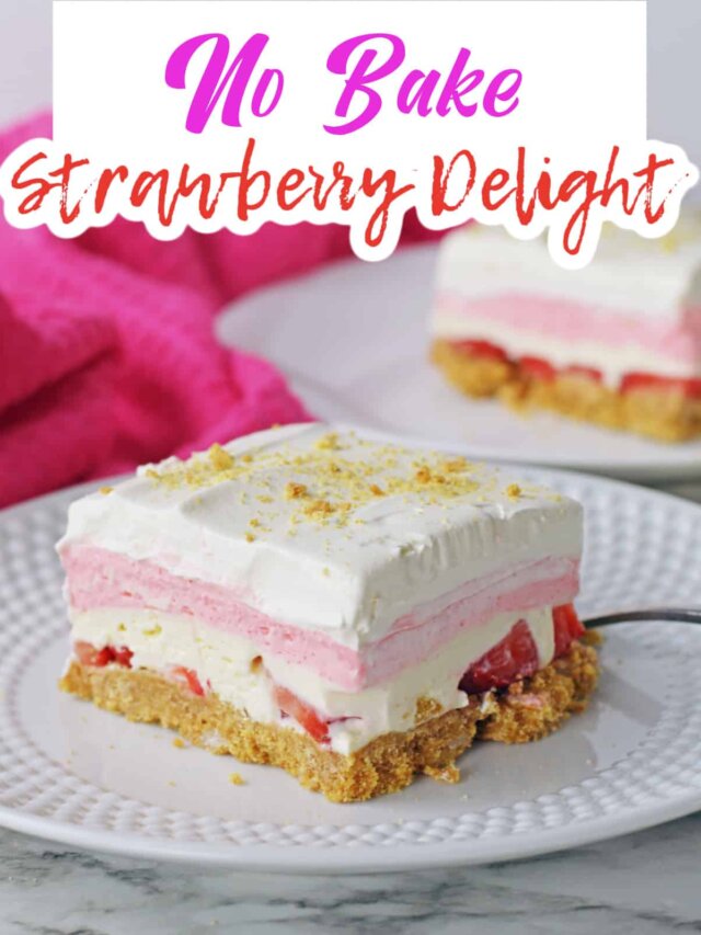 slice of no bake strawberry delight on a plate.
