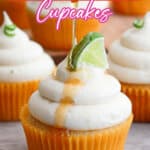 honey being drizzled on top of honey lime cupcakes.