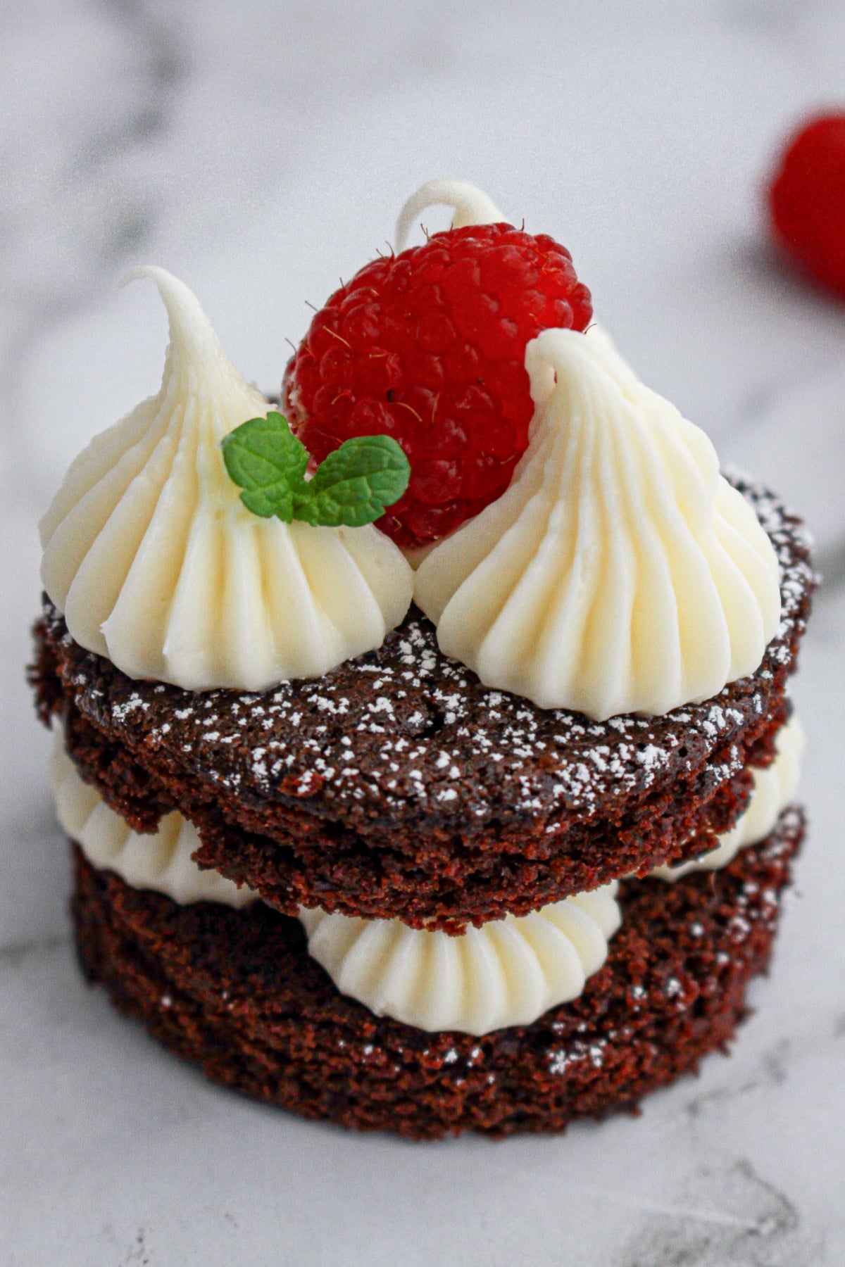 mini chocolate cake on a plate topped with a fresh raspberry,