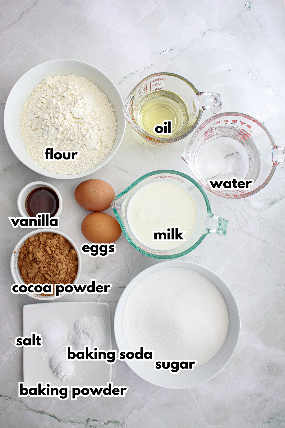 bowls of flour, oil, water, milk, vanilla, cocoa powder, eggs, salt, and sugar.