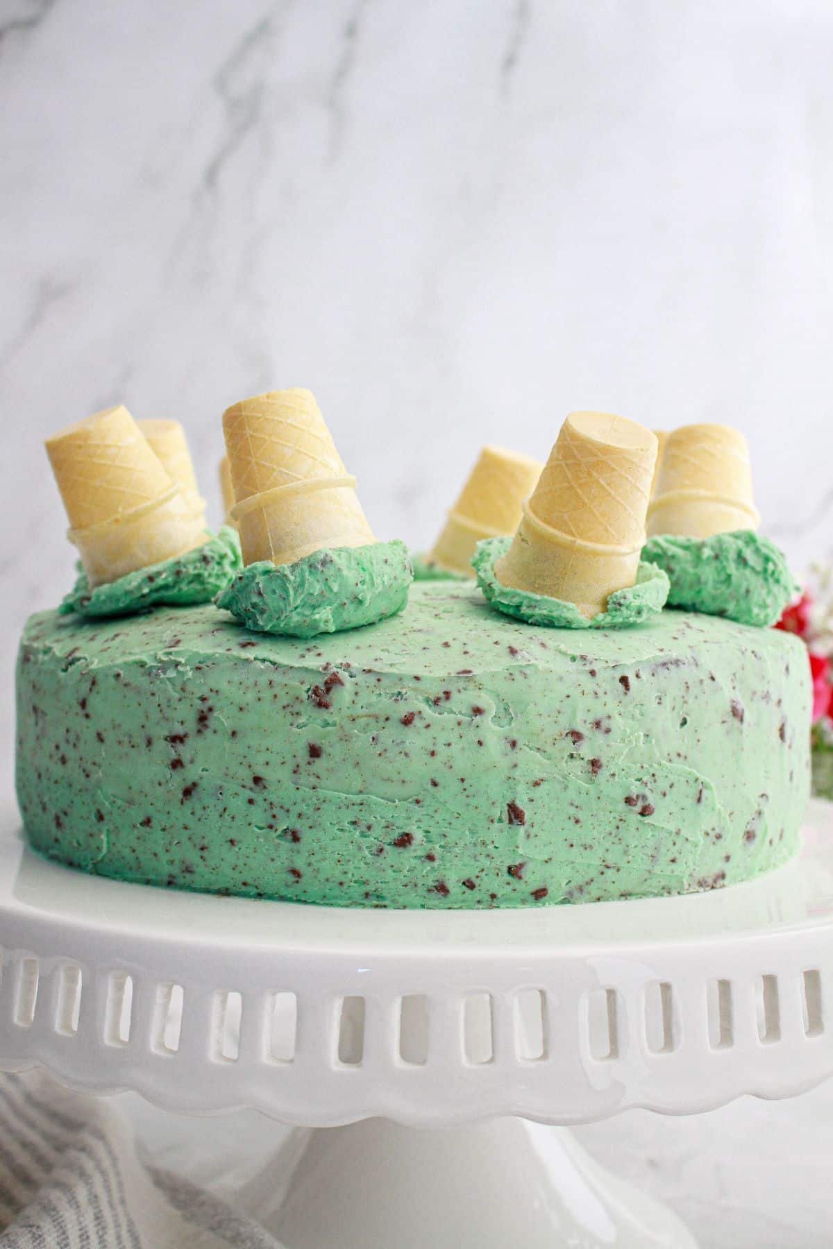mint chocolate chip cake on a cake stand.