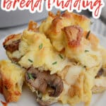 slice of mushroom bread pudding on a plate.