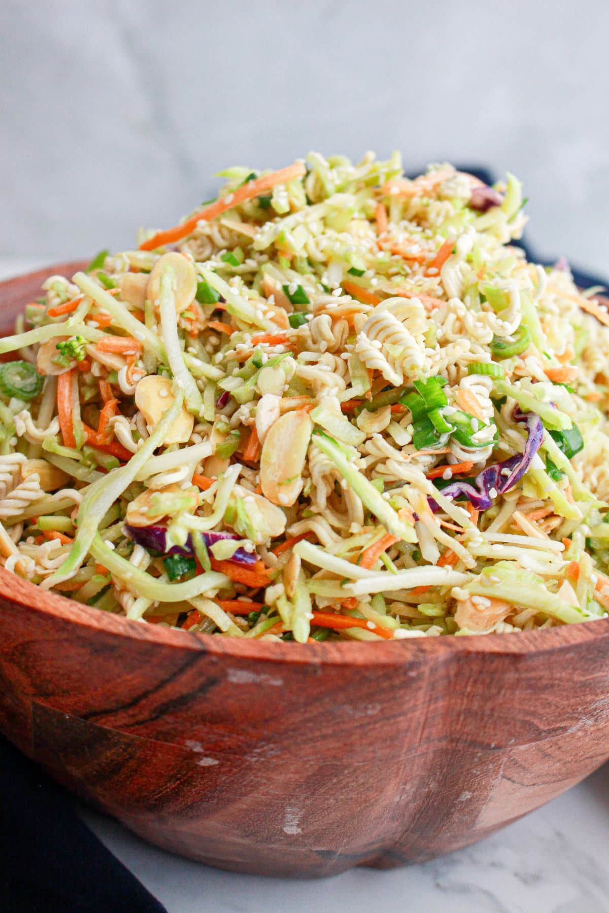 wooden bowl full off oriental salad.