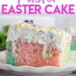 slice of pastel easter cake on a small plate.