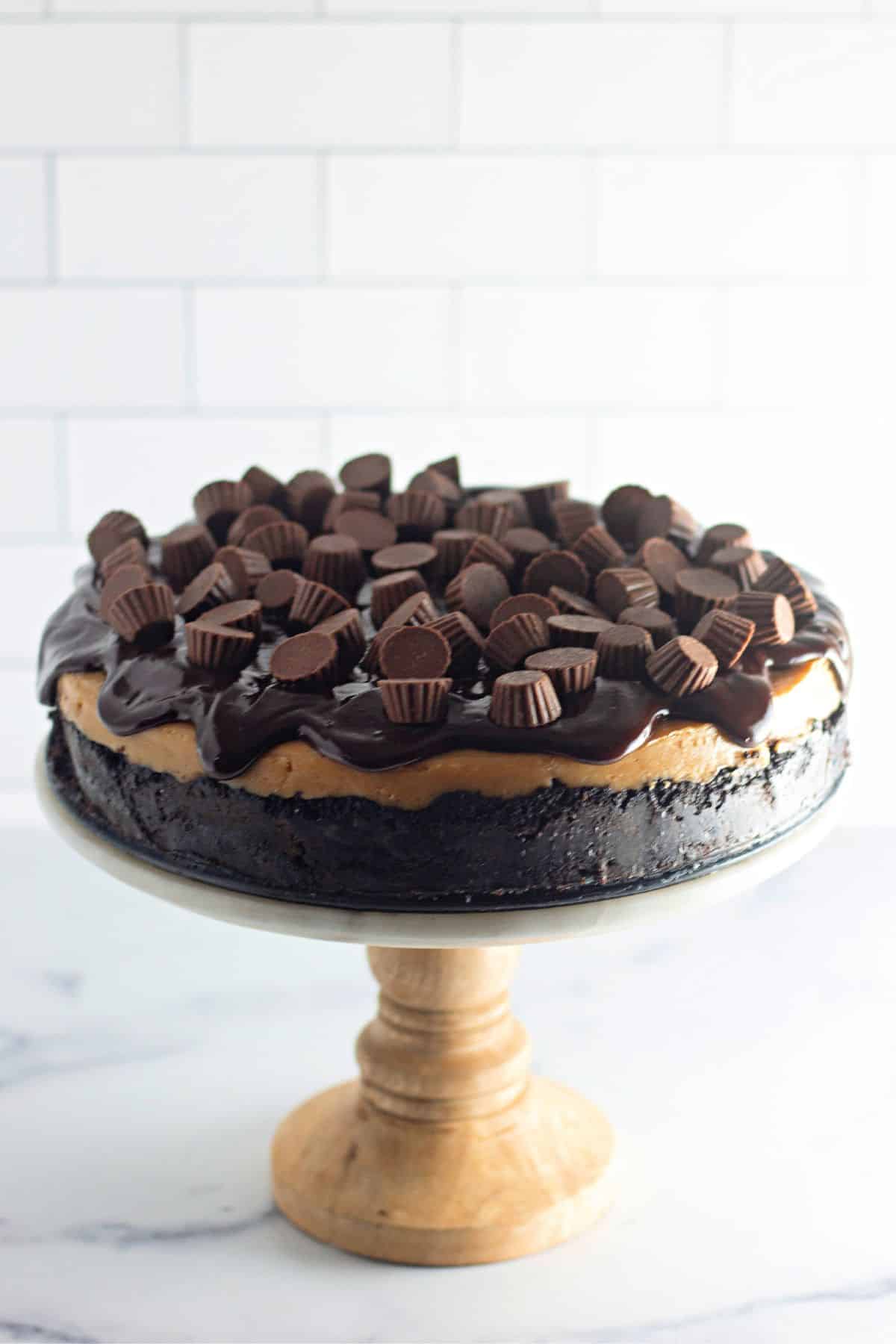 uncut reese's cheesecake on a cake stand.