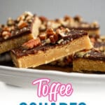 pieces of toffee squares on a cake plate.