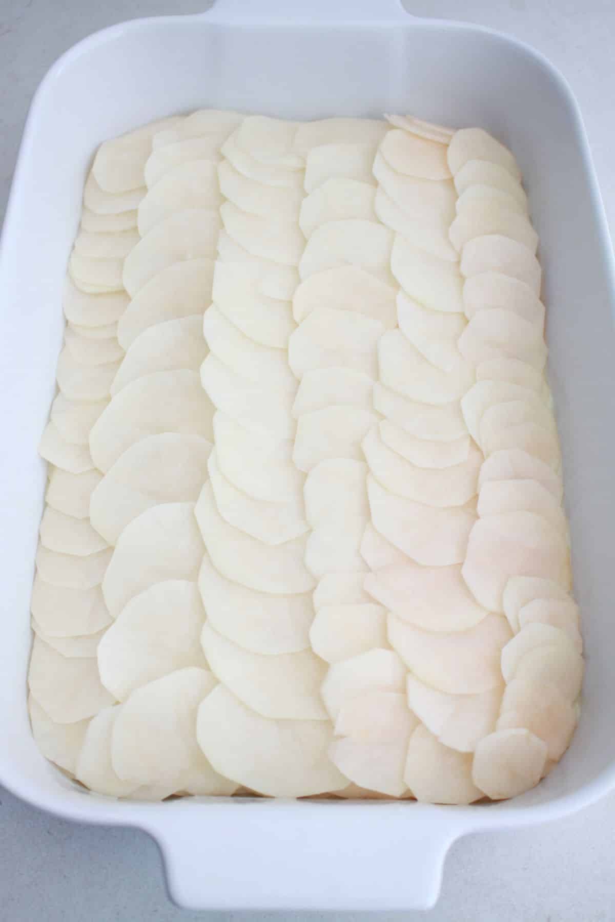potatoes laid out in a flat layer in a baking dish.
