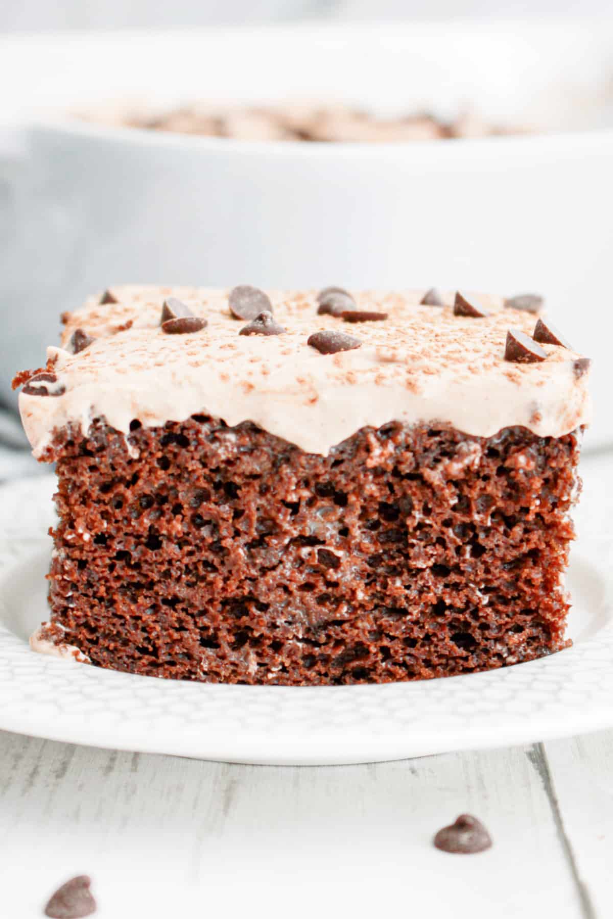 slice of chocolate tres leches cake on a plate
