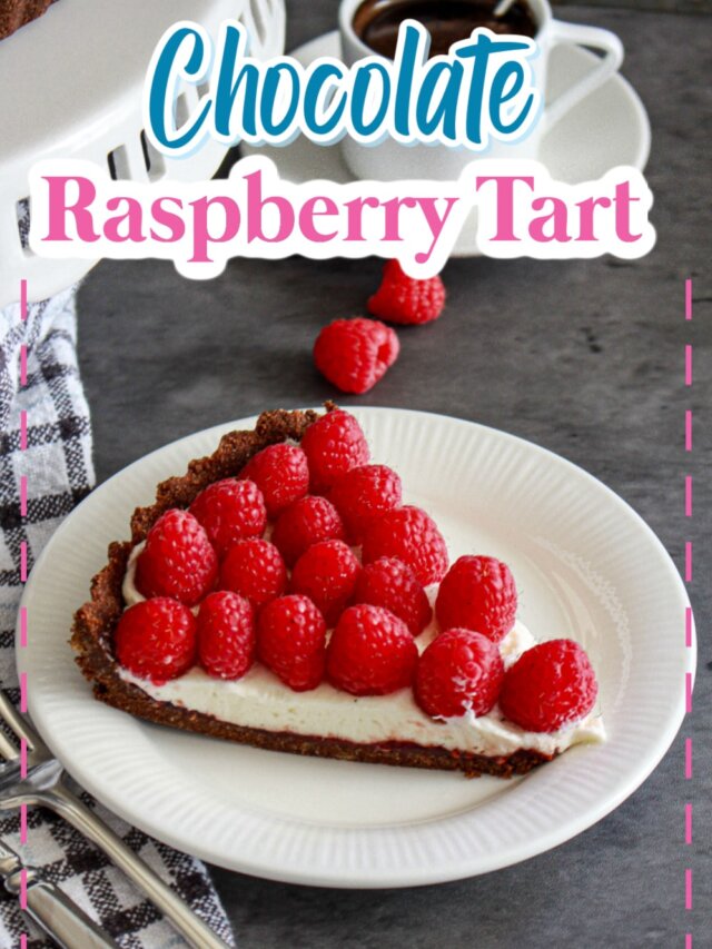 slice of chocolate raspberry tart on a plate.