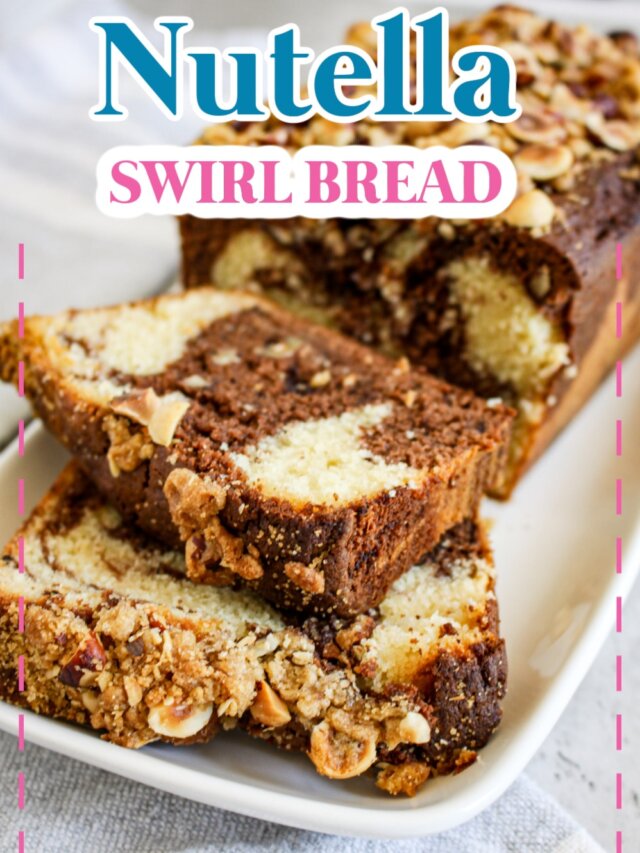 nutella swirl bread on a serving platter with a couple pieces sliced.