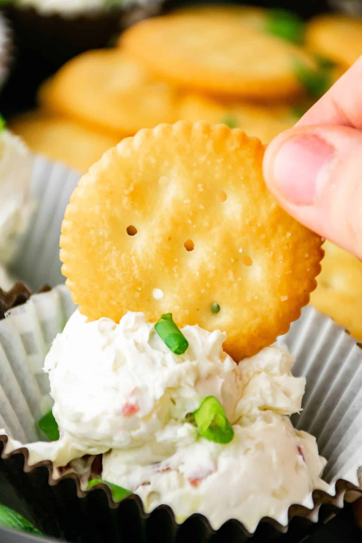 dried beef cheese ball in a paper cupcake liner