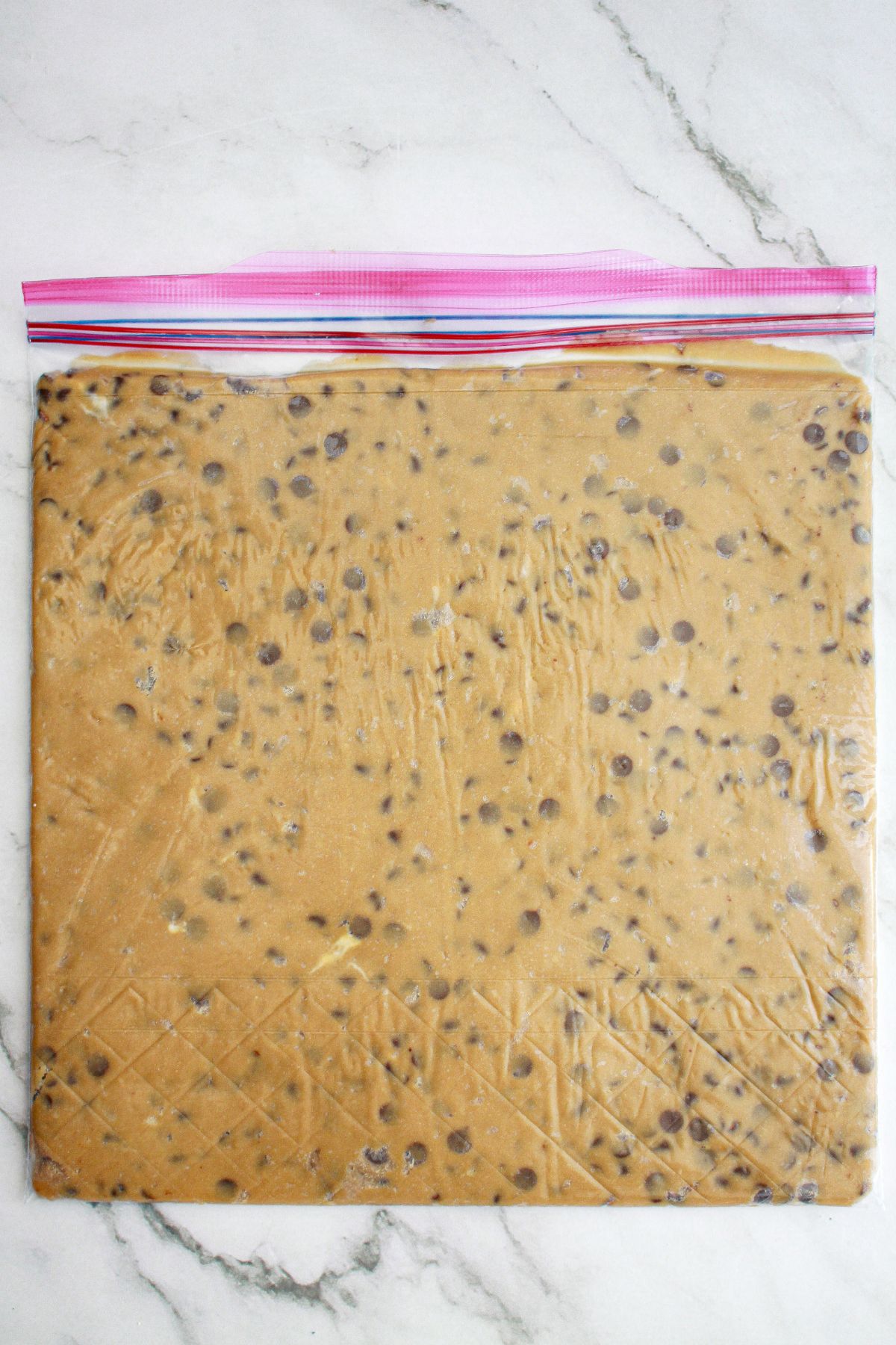 shortbread dough rolled out in a storage bag.