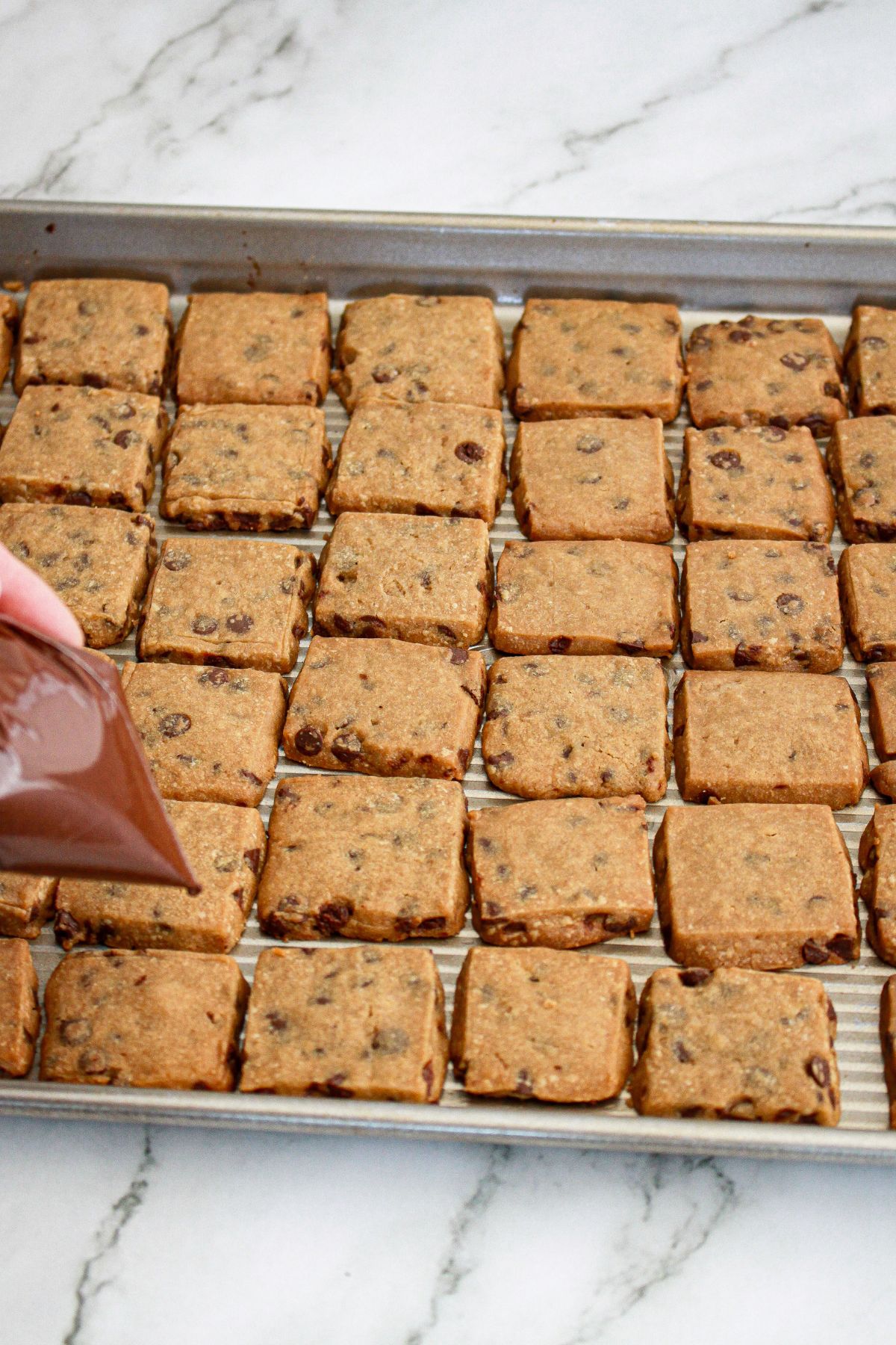 chocolate being drizzled on top of chocolate chip espresso shortbread bars. 