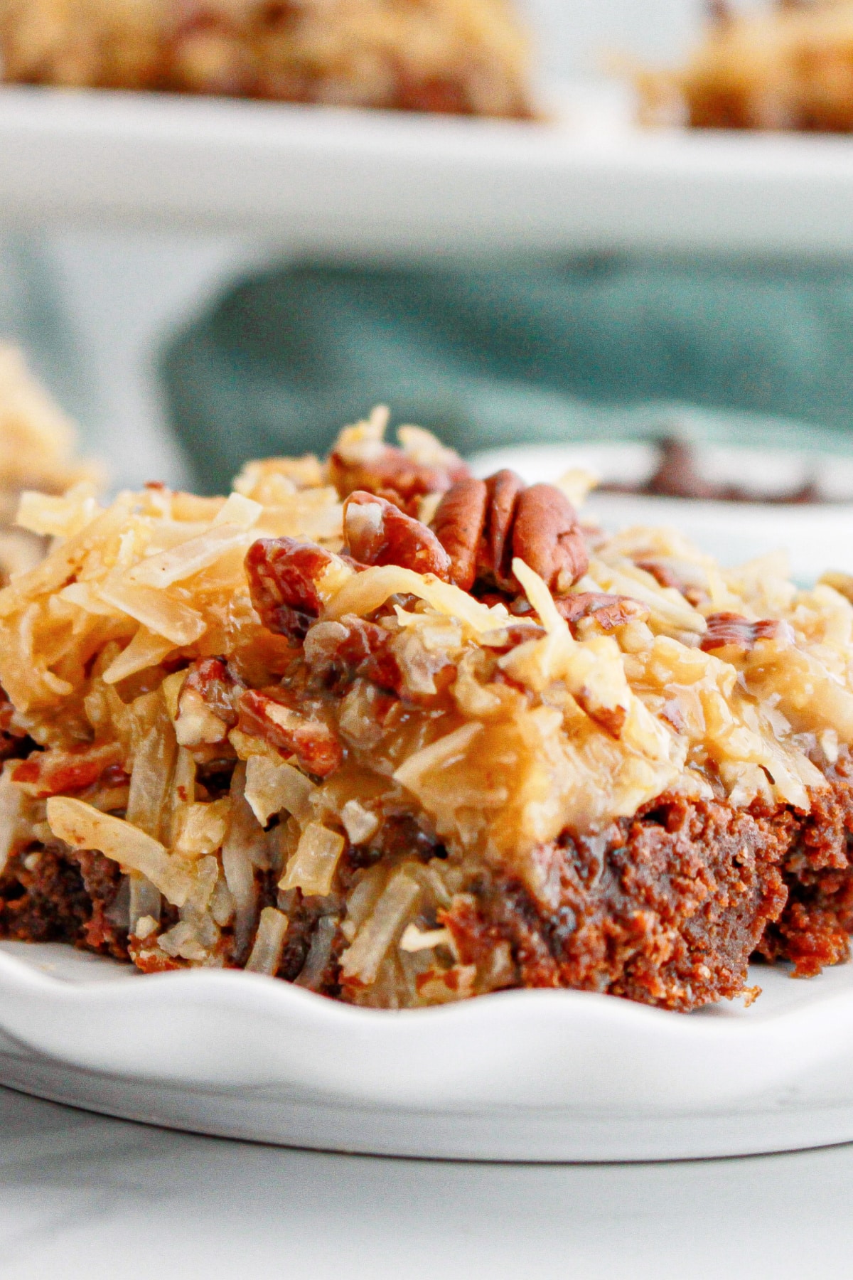 german chocolate brownie on a plate.