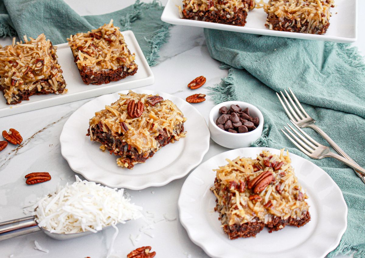 german chocolate brownies on plates.