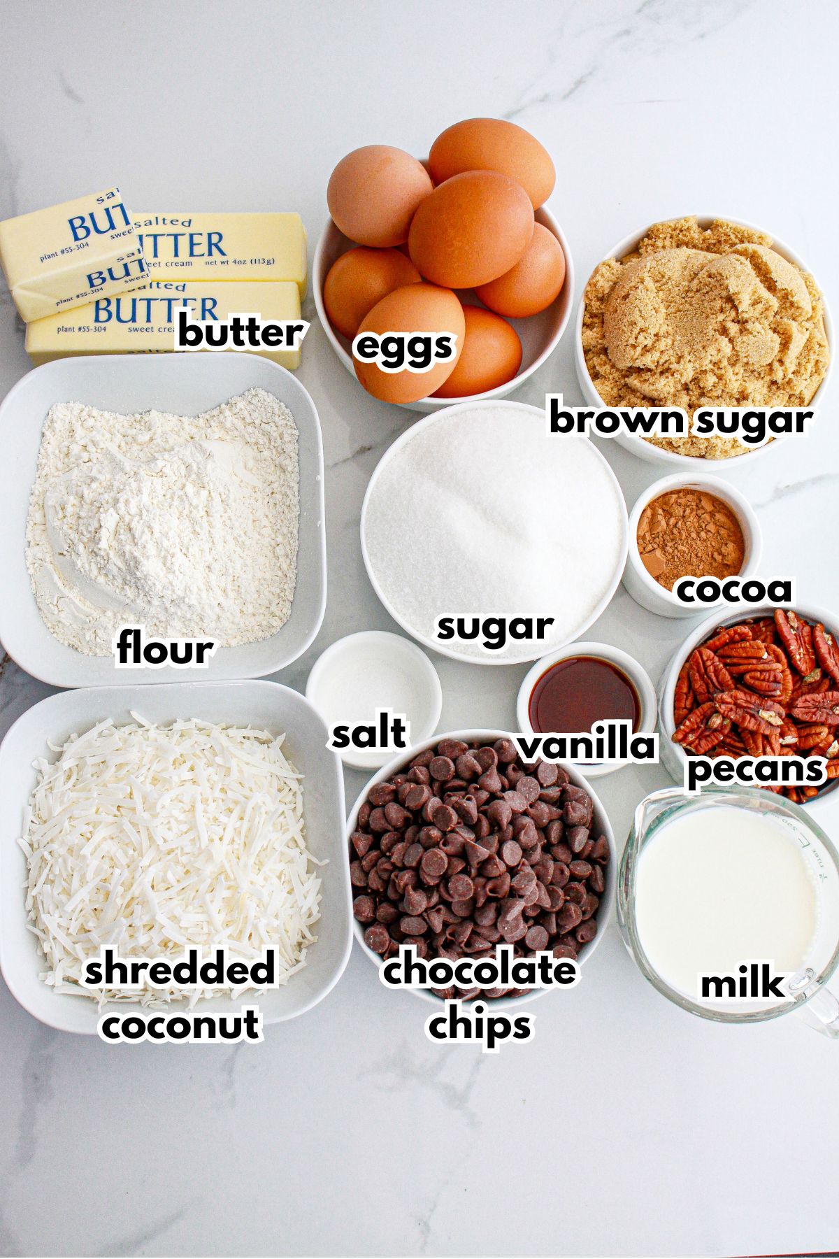 bowls of butter, eggs, brown sugar, flour, sugar, cocoa, salt, vanilla, pecans, shredded coconut, chocolate chips, and milk on a counter.