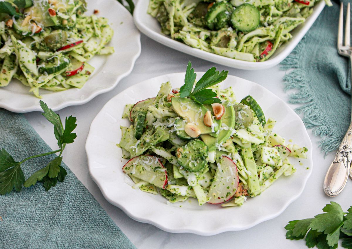 plates filled with green goddess salad dressing
