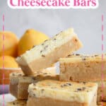 three lemon cheesecake bars on a counter.