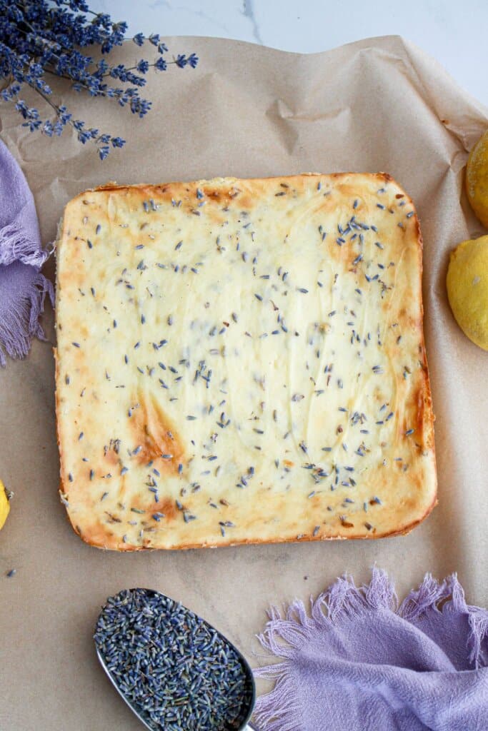 uncut cheesecake bars on a piece of parchment paper.