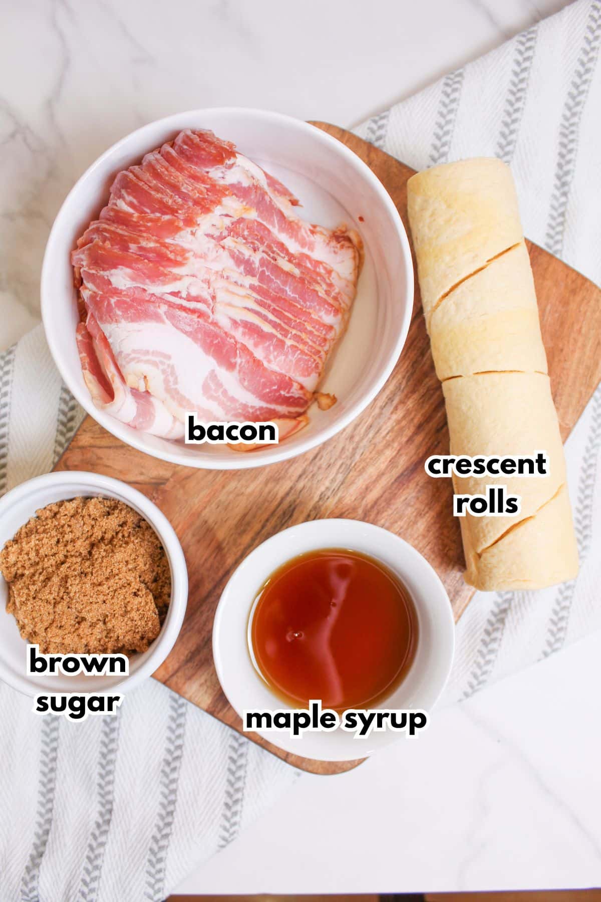 bowls of bacon, brown sugar, maple syrup, and a tube of crescent rolls.