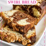 nutella swirl bread on a serving platter with a couple pieces sliced.