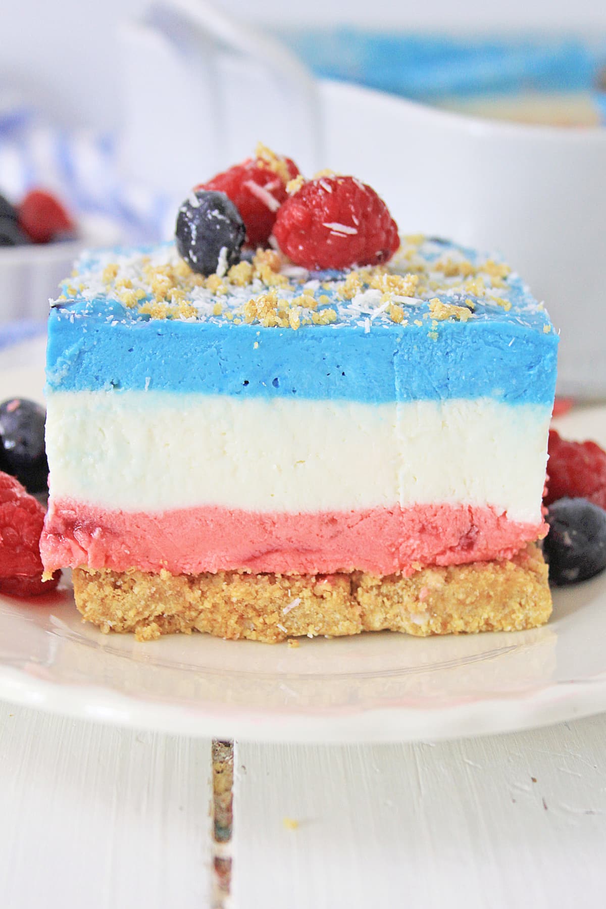 slice of berry icebox cake on a small plate.