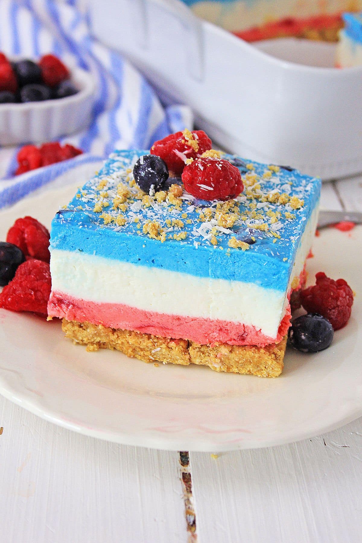 slice of berry icebox cake on a small plate.