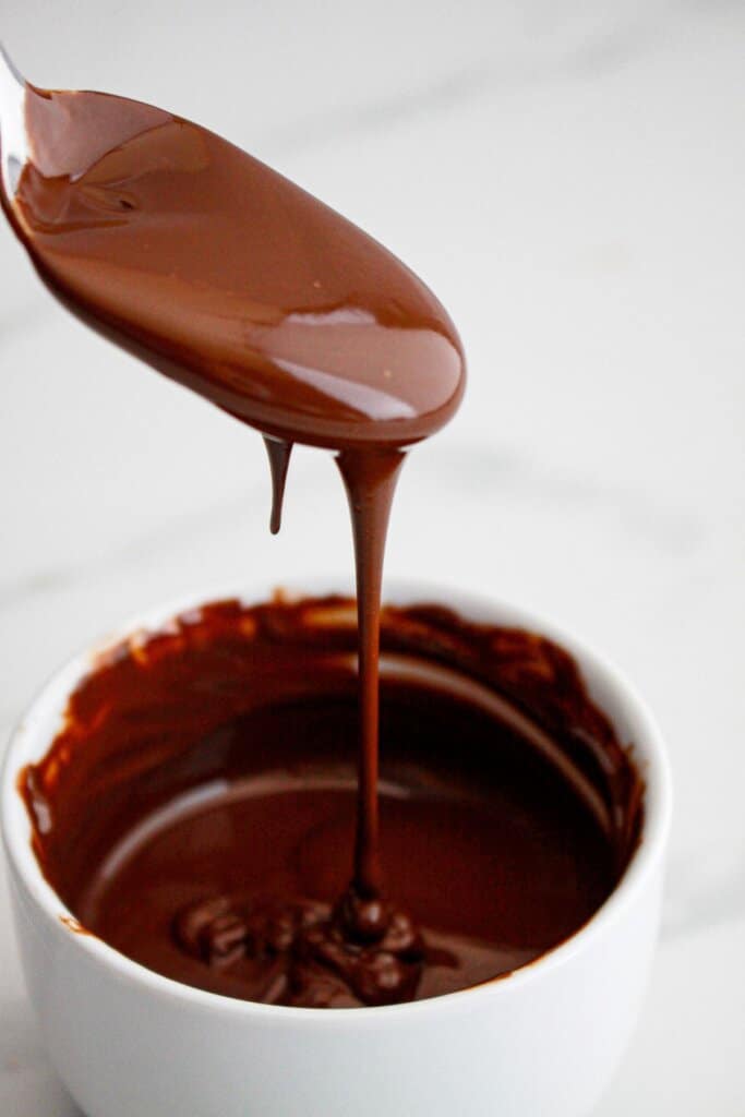 chocolate chips being melted in a small bowl.