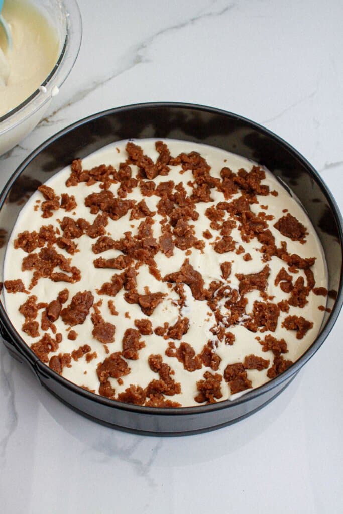 cinnamon sugar mixture and cheesecake batter being layered in a pan.