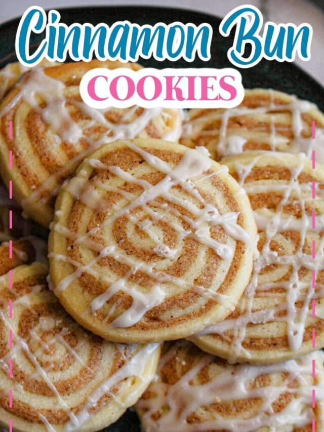 cinnamon bun cookies stacked on a plate