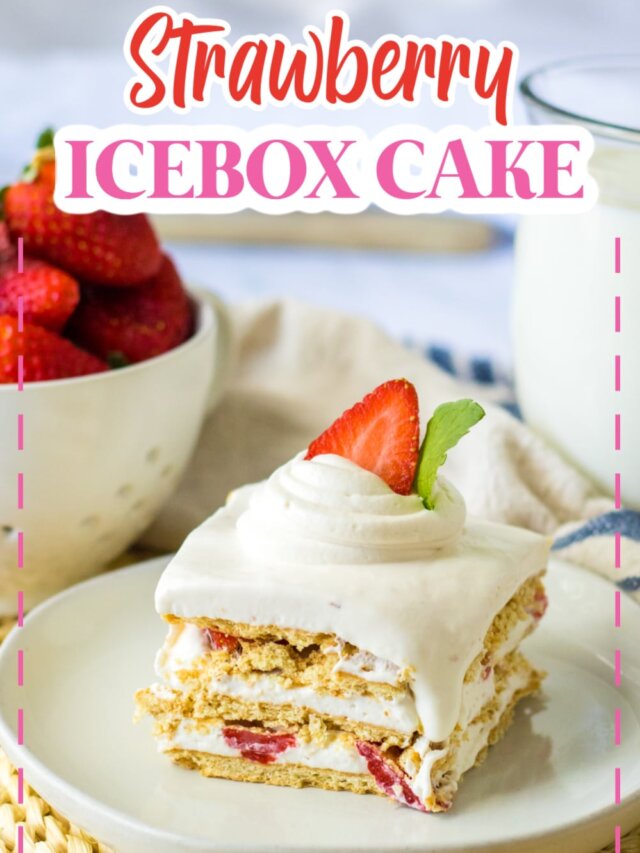 slice of strawberry icebox cake on a small plate.